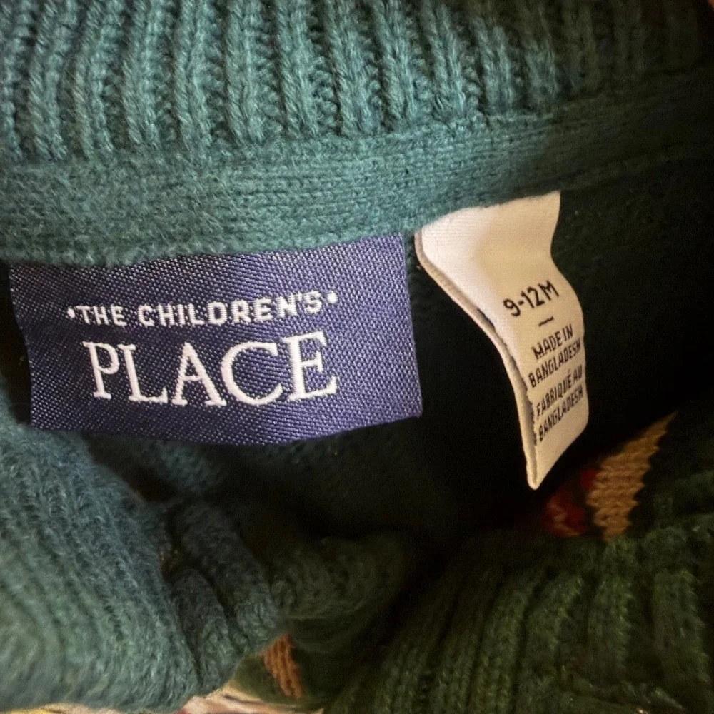 The Childrens Place Kids Green Fair Isle Train Knit Button Mock Sweater 9-12M